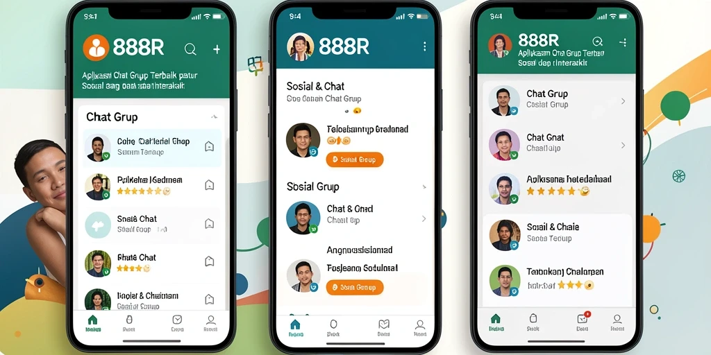Tampilan antarmuka aplikasi Chat Grup 888R yang modern dan intuitif.