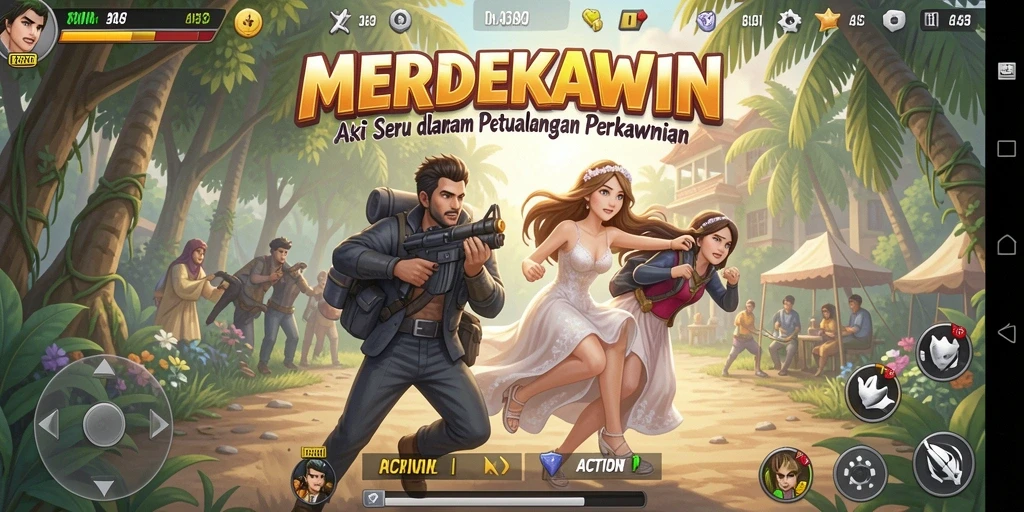 Antarmuka permainan MERDEKAWIN menampilkan aksi seru dan grafis menarik.